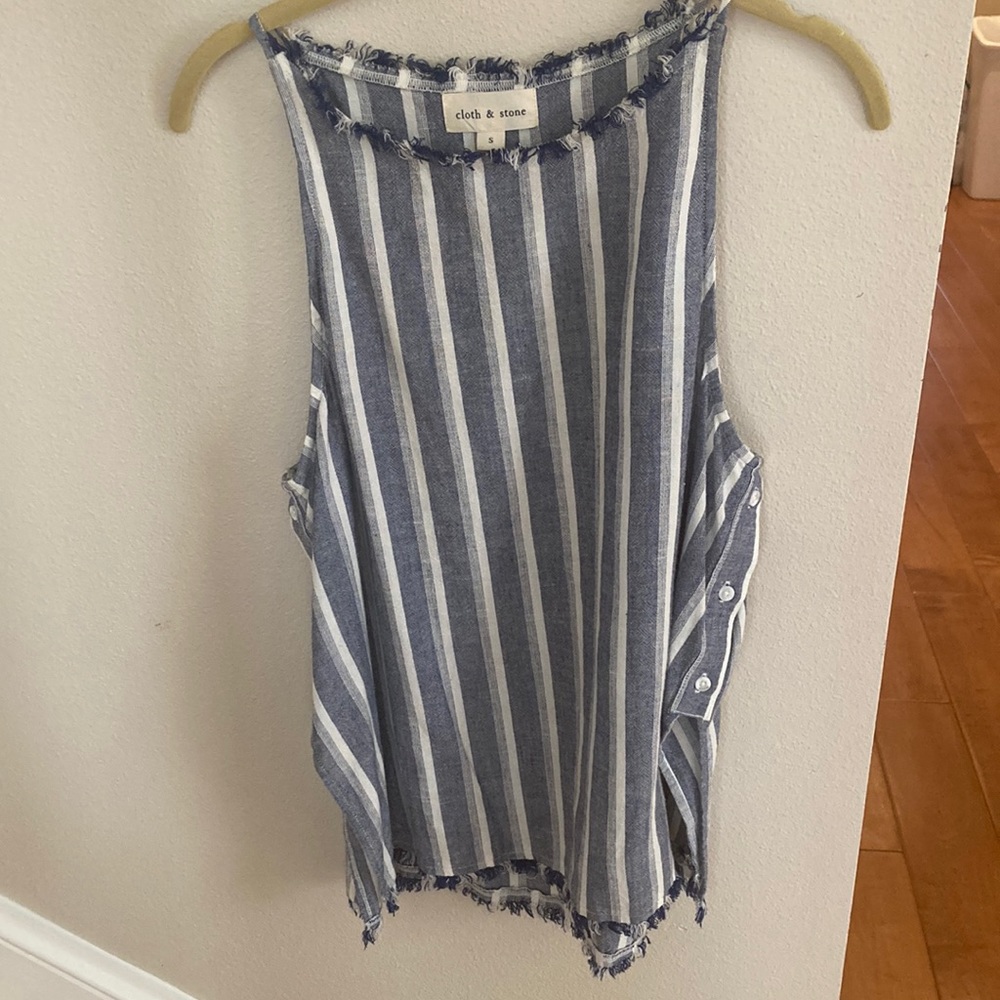CLOTH & STONE | Linen Blend Blue Stripe Top Fringe